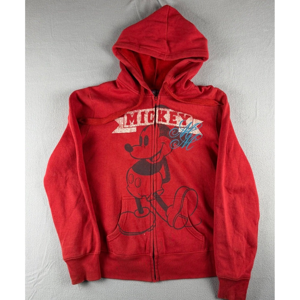 VTG Disney Mickey Mouse Red Full Zip Hoodie Juniors XL 15/17 Distressed Graphic